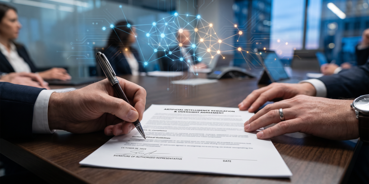 Documento formal siendo firmado en una mesa de conferencias con motivos de red neuronal