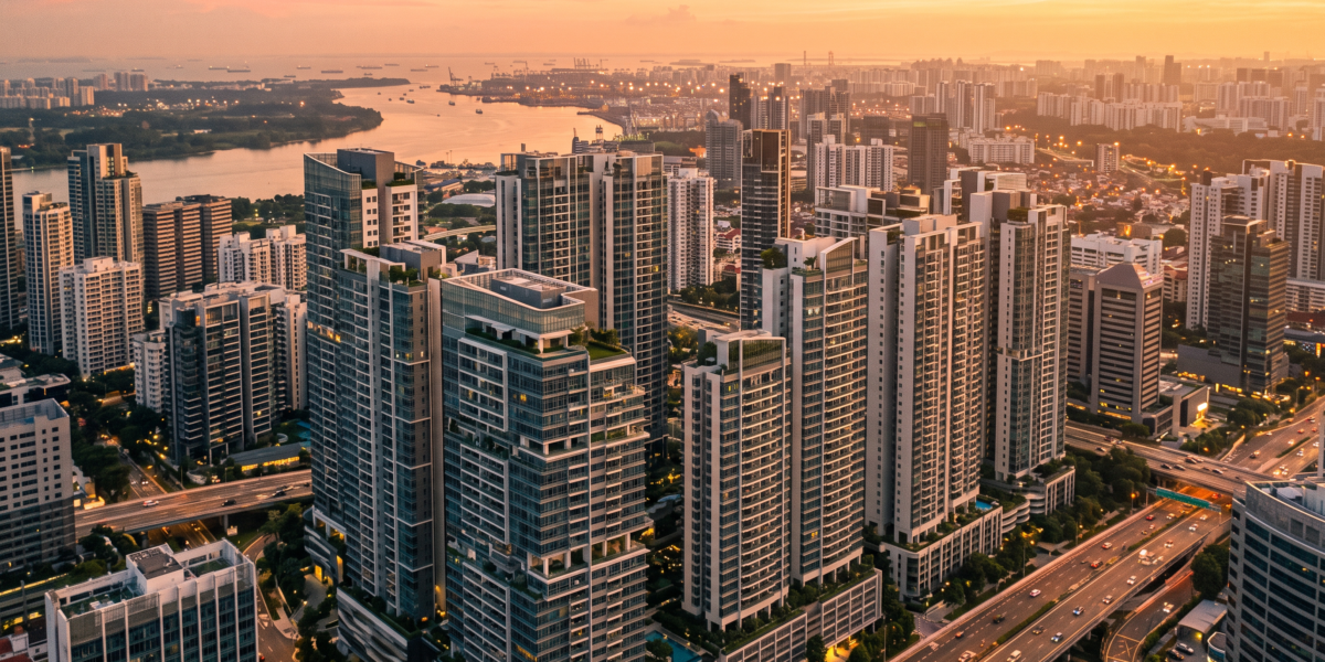 Modernas torres residenciales de apartamentos en una ciudad asiática al atardecer