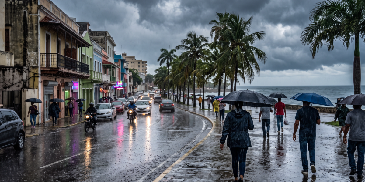 Calle de una ciudad del Caribe bajo la lluvia con personas usando paraguas
