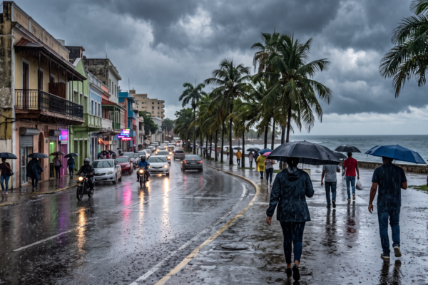 Calle de una ciudad del Caribe bajo la lluvia con personas usando paraguas