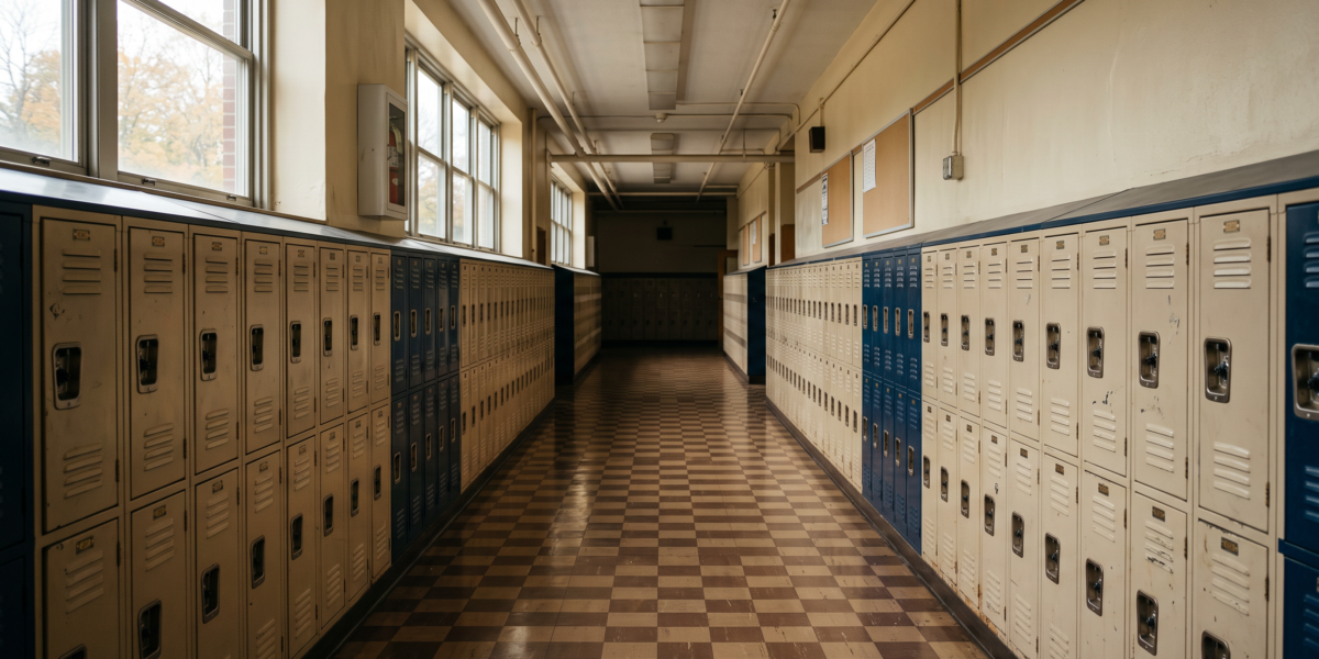 Pasillo de instituto estadounidense vacío con casilleros metálicos y luz nostálgica