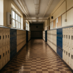 Pasillo de instituto estadounidense vacío con casilleros metálicos y luz nostálgica