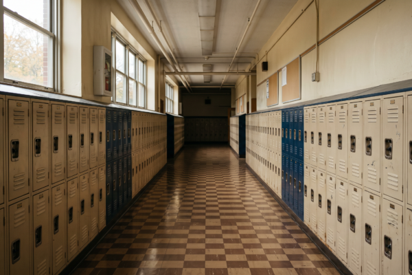 Pasillo de instituto estadounidense vacío con casilleros metálicos y luz nostálgica