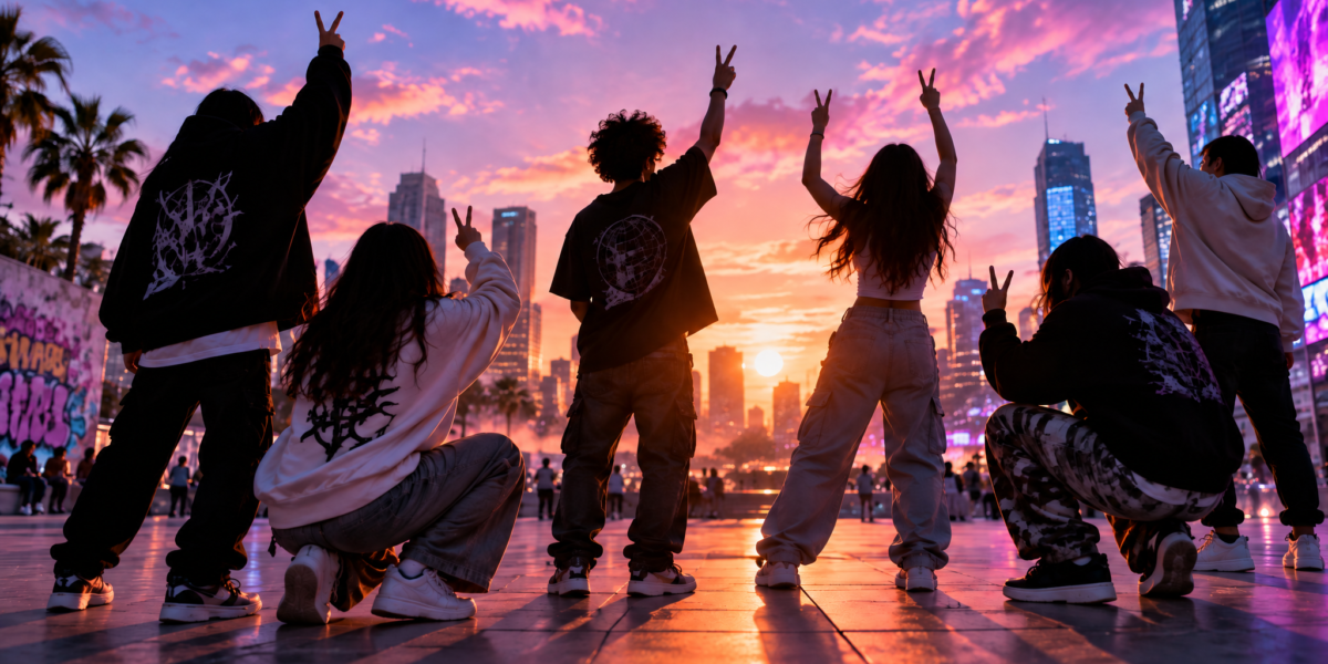 Jovenes haciendo poses en una plaza durante una batalla de farmeo de aura