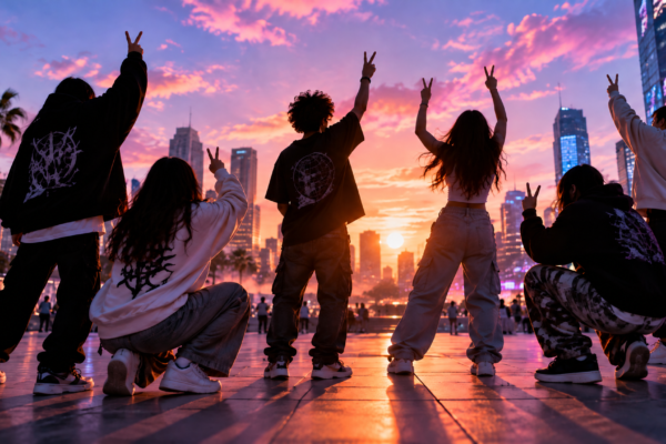 Jovenes haciendo poses en una plaza durante una batalla de farmeo de aura