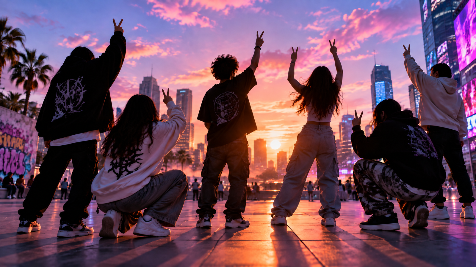 Jovenes haciendo poses en una plaza durante una batalla de farmeo de aura