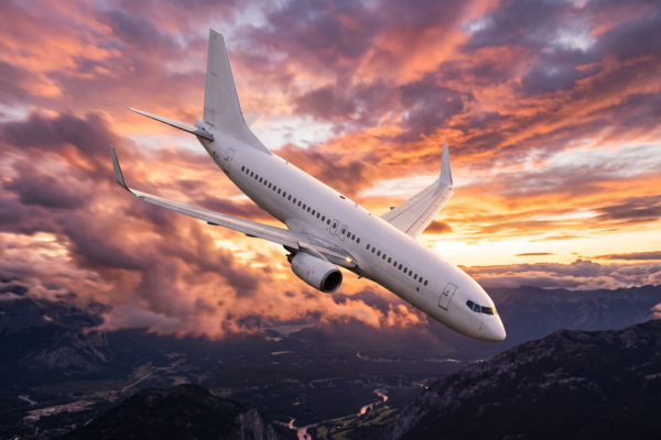 Avión comercial de pasajeros en descenso pronunciado en un cielo dramático al amanecer