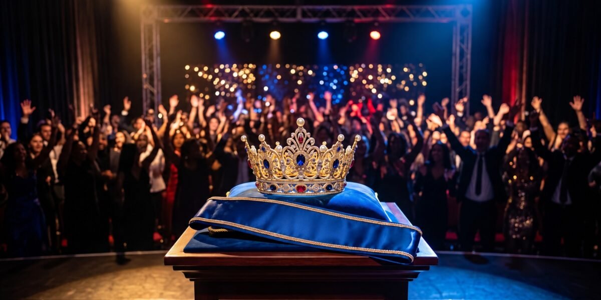Celebración con corona y luces en homenaje a una reina de belleza