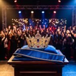Celebración con corona y luces en homenaje a una reina de belleza