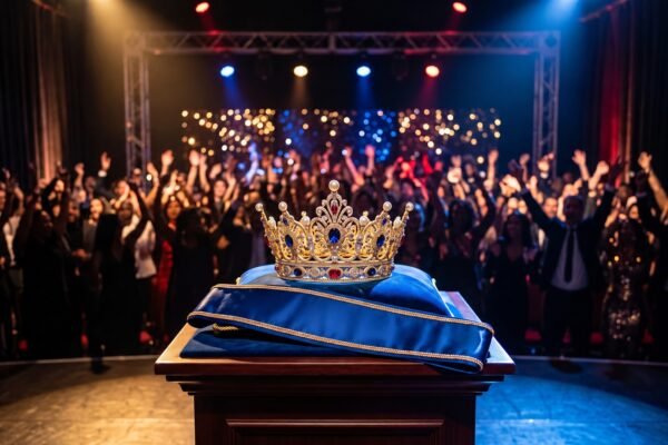 Celebración con corona y luces en homenaje a una reina de belleza