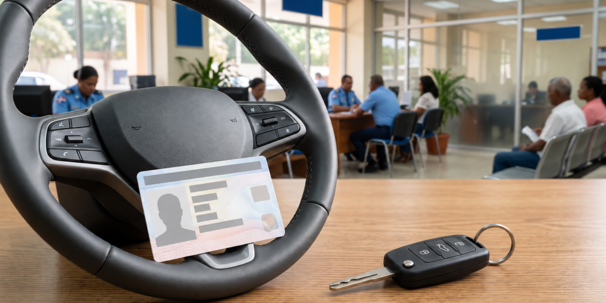 Licencia de conducir dominicana junto a un volante y llaves de automovil