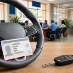 Licencia de conducir dominicana junto a un volante y llaves de automovil