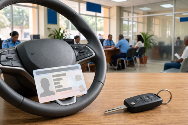 Licencia de conducir dominicana junto a un volante y llaves de automovil