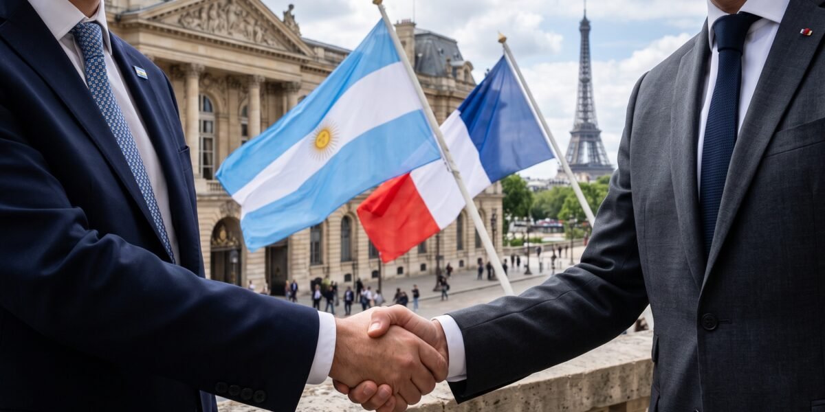 Escena diplomática en París con banderas de Argentina y Francia