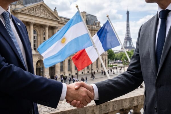 Escena diplomática en París con banderas de Argentina y Francia