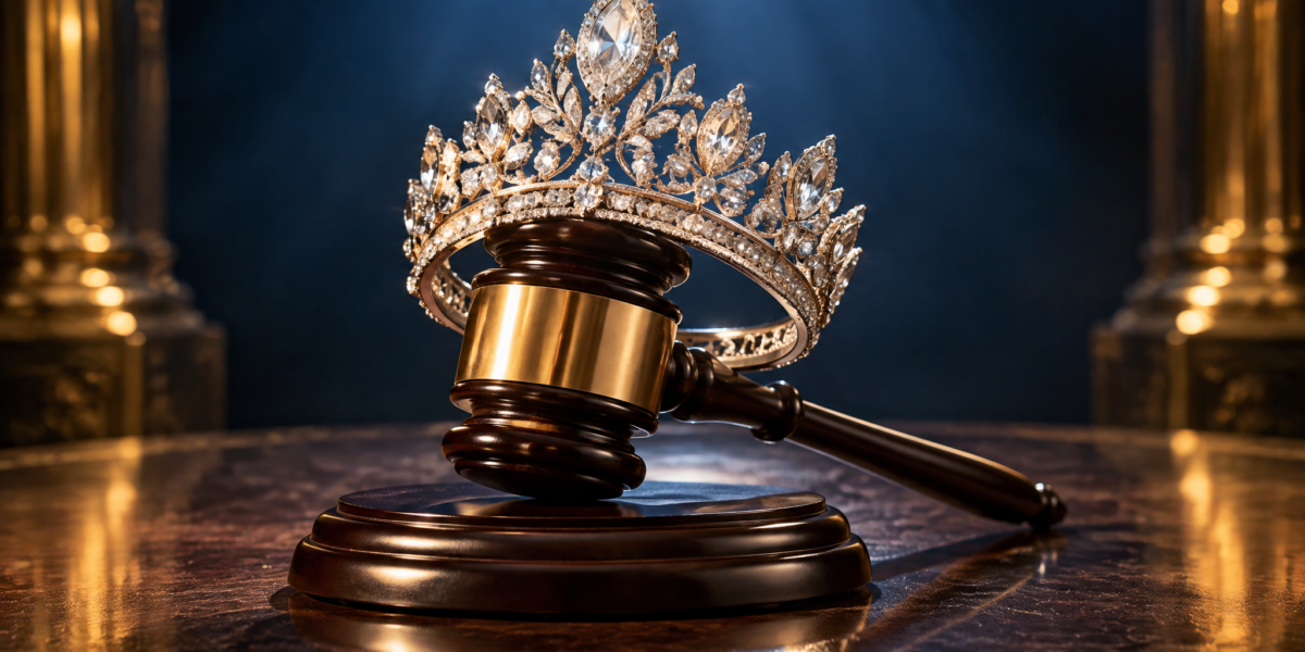 Corona de certamen de belleza junto a un mazo de juez, simbolizando la demanda legal de Miss Jamaica contra Miss Universo