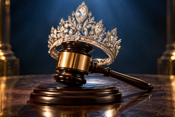 Corona de certamen de belleza junto a un mazo de juez, simbolizando la demanda legal de Miss Jamaica contra Miss Universo
