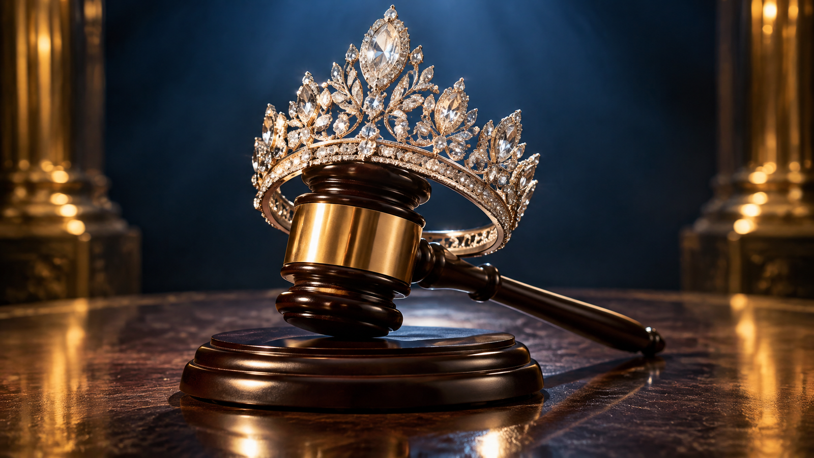 Corona de certamen de belleza junto a un mazo de juez, simbolizando la demanda legal de Miss Jamaica contra Miss Universo