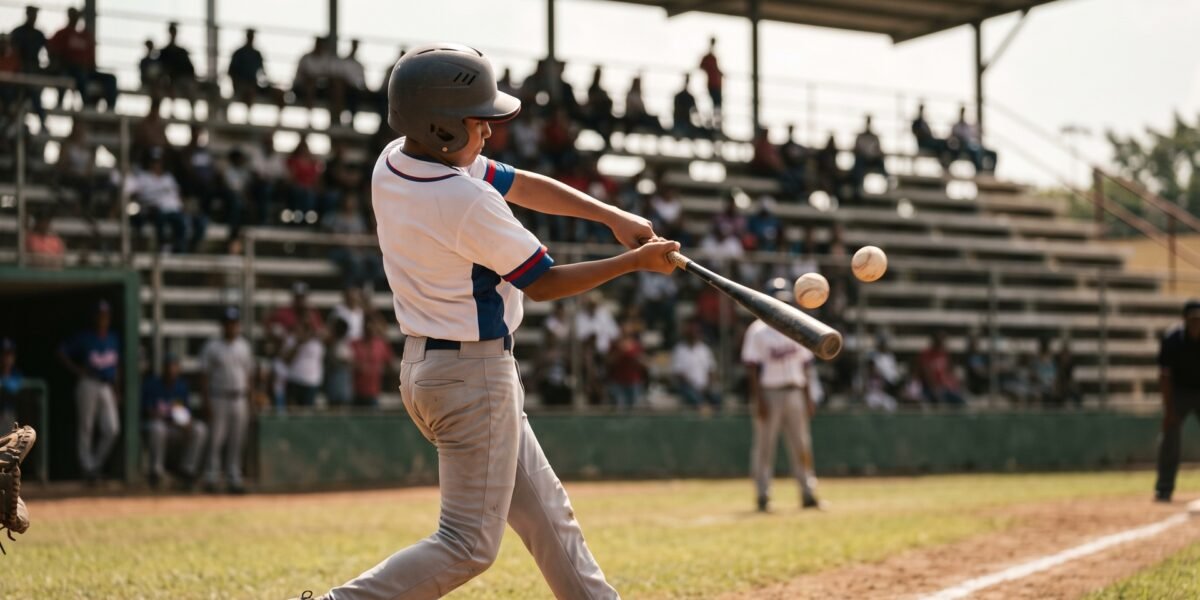 Acción de béisbol juvenil en un estadio durante un torneo internacional