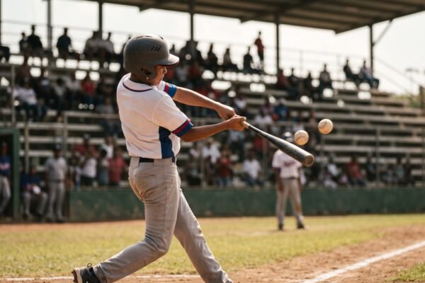 Acción de béisbol juvenil en un estadio durante un torneo internacional