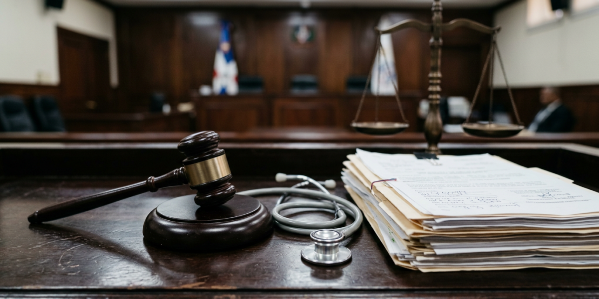 Mazo de juez junto a un estetoscopio y expedientes medicos en una sala judicial, caso SeNaSa 2.0