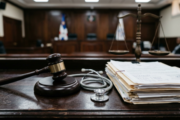 Mazo de juez junto a un estetoscopio y expedientes medicos en una sala judicial, caso SeNaSa 2.0