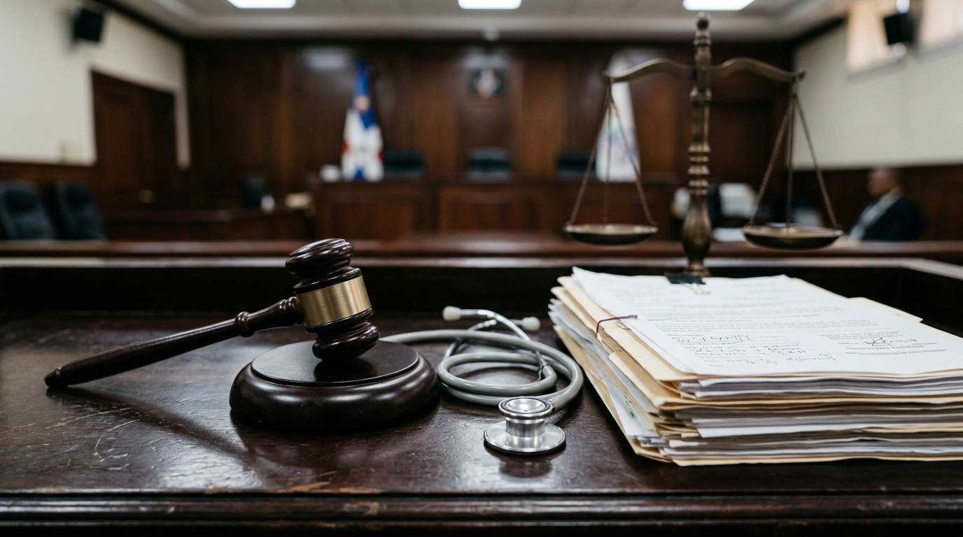 Mazo de juez junto a un estetoscopio y expedientes medicos en una sala judicial, caso SeNaSa 2.0