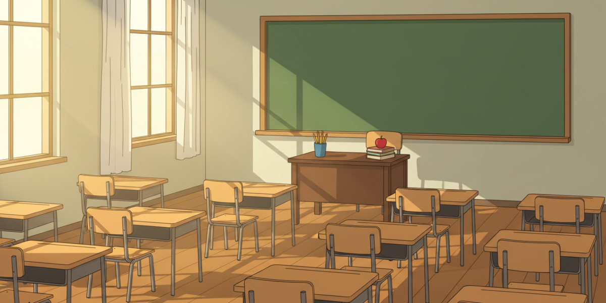 Ilustración de un aula escolar vacía con pupitres y una pizarra