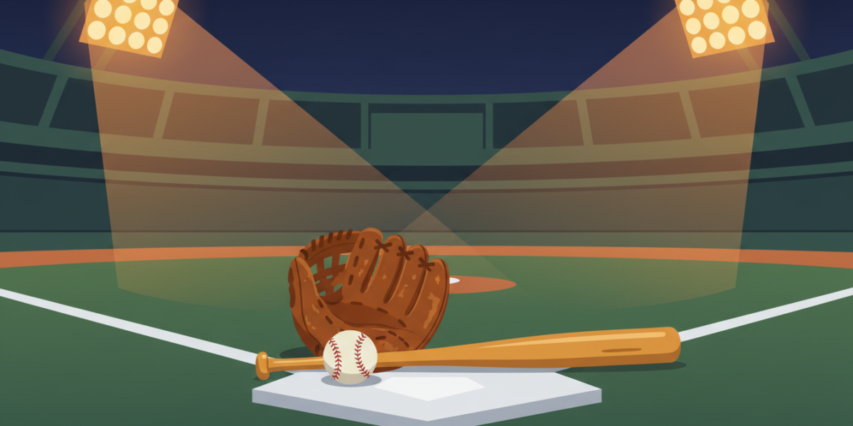 Ilustración de una pelota, un guante y un bate sobre el plato bajo las luces de un estadio