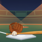 Ilustración de una pelota, un guante y un bate sobre el plato bajo las luces de un estadio