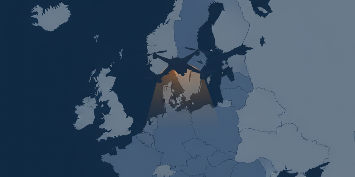 Ilustración de la silueta de un dron sobre un mapa estilizado del norte de Europa