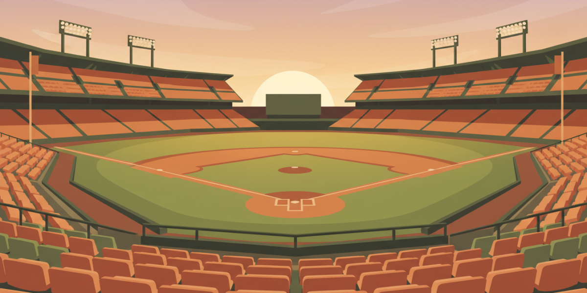 Ilustración de un estadio de béisbol vacío al atardecer visto desde detrás del plato