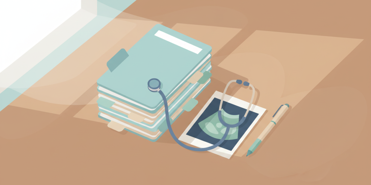 Ilustración de expedientes médicos, una ecografía impresa y un estetoscopio sobre un escritorio