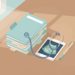 Ilustración de expedientes médicos, una ecografía impresa y un estetoscopio sobre un escritorio