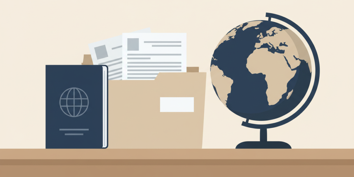 Ilustración de un pasaporte y una carpeta de documentos junto a un globo terráqueo