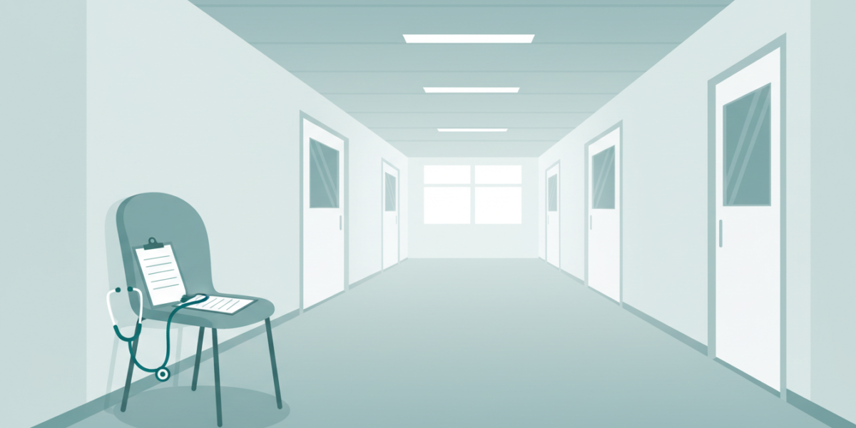 Ilustración de un pasillo de hospital vacío con un estetoscopio sobre una silla