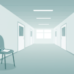 Ilustración de un pasillo de hospital vacío con un estetoscopio sobre una silla