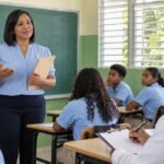Una maestra imparte clase mientras un evaluador toma notas en un aula de secundaria