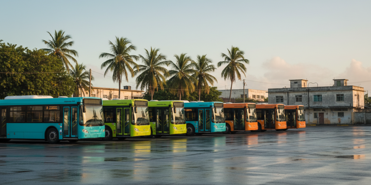 Fila de autobuses urbanos estacionados en un patio de transporte público