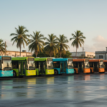Fila de autobuses urbanos estacionados en un patio de transporte público