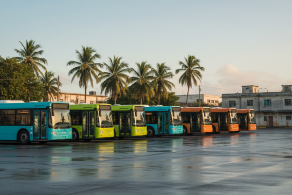 Fila de autobuses urbanos estacionados en un patio de transporte público