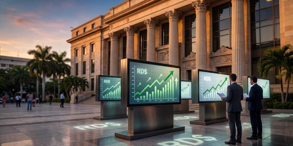 Símbolos financieros y edificio del Banco Central de la República Dominicana