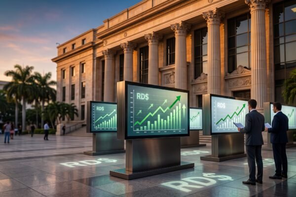 Símbolos financieros y edificio del Banco Central de la República Dominicana