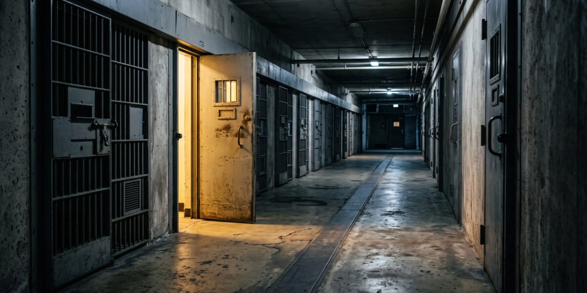 Pasillo de prisión institucional con puerta entreabierta