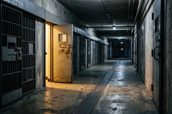 Pasillo de prisión institucional con puerta entreabierta