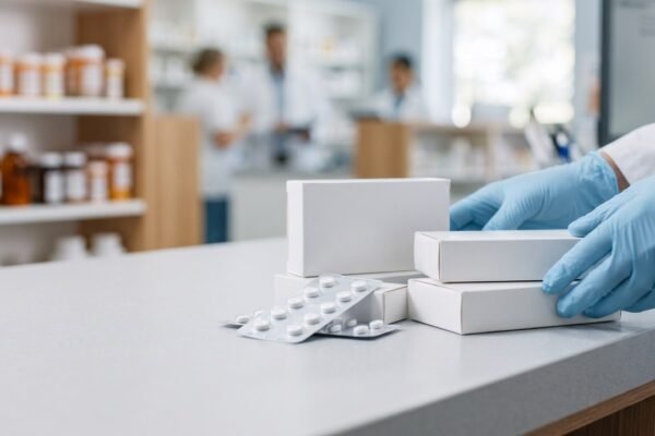 Cajas y blísters de medicamentos sobre el mostrador de una farmacia moderna