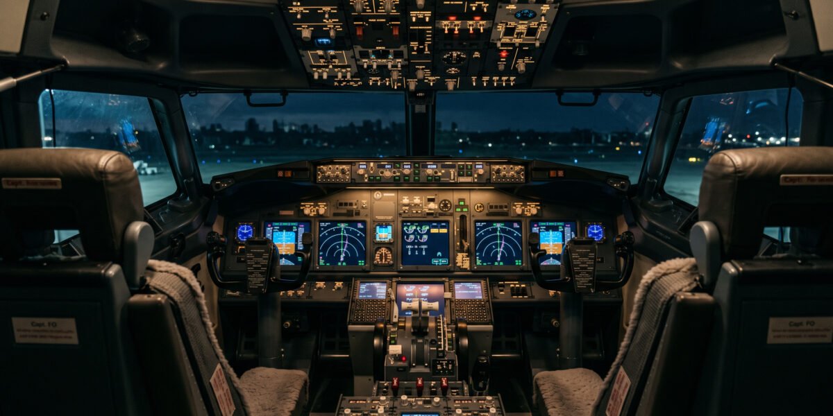 Cabina de avión comercial moderno con luces dramáticas