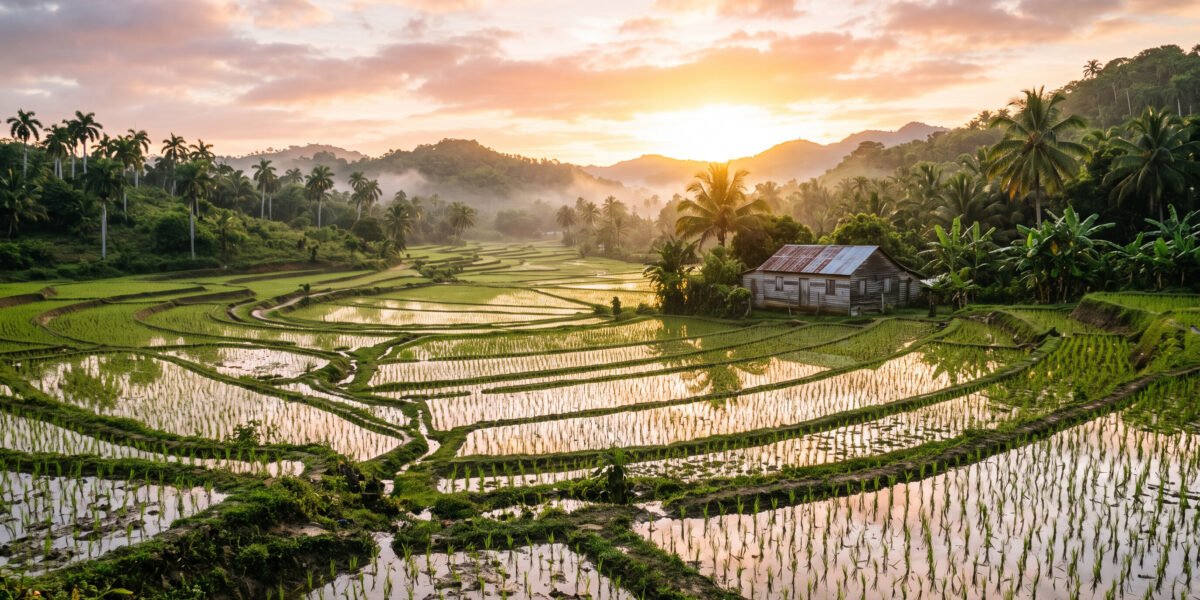 Campo de arroz al amanecer en República Dominicana
