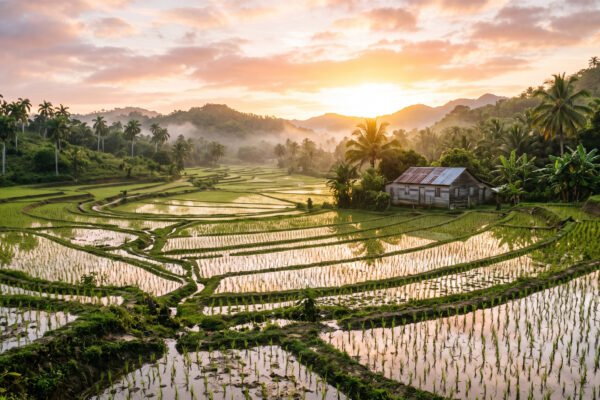 Campo de arroz al amanecer en República Dominicana