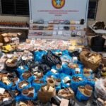 Puros en sacos y cajas, botellas de mamajuana y otras mercancías decomisadas expuestas en el patio del Ceccom, frente a un letrero de la institución